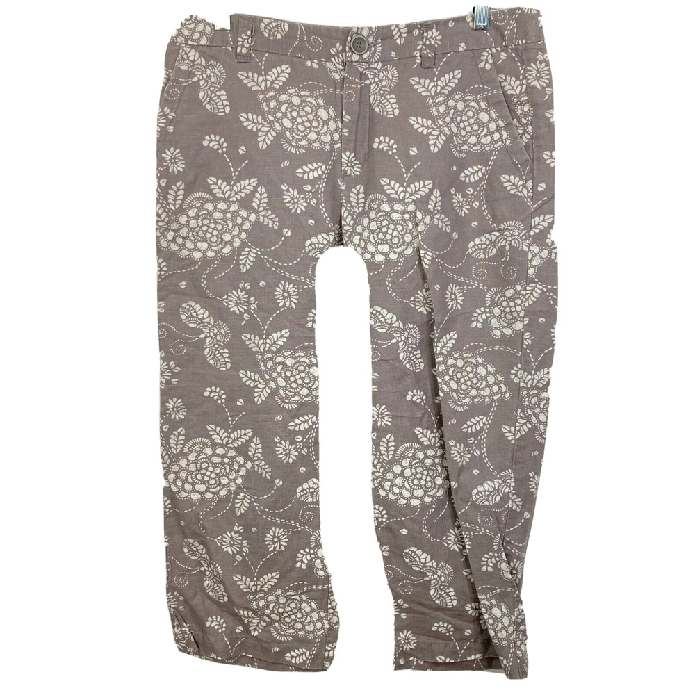 Columbia Pants Womens Sz 8 Gray Floral Print Crop Linen Cotton Pockets